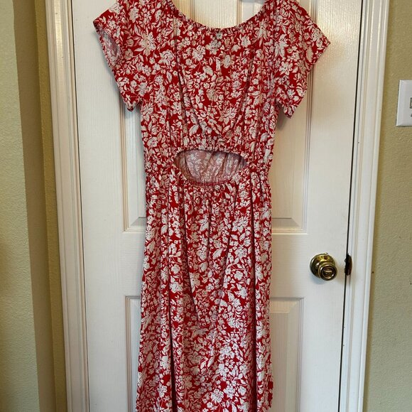 Universal Thread Red White Floral Midi Dress with Back Cut-out - Picture 2 of 3